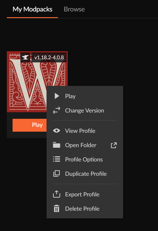 A screenshot of the context menu in Curseforge